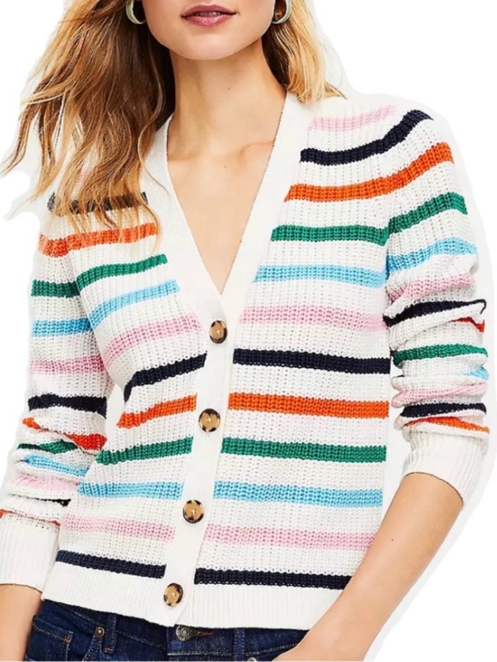LOFT Cardigan Sweater Womens Small Striped Button Cardi Knit Long Sleeve